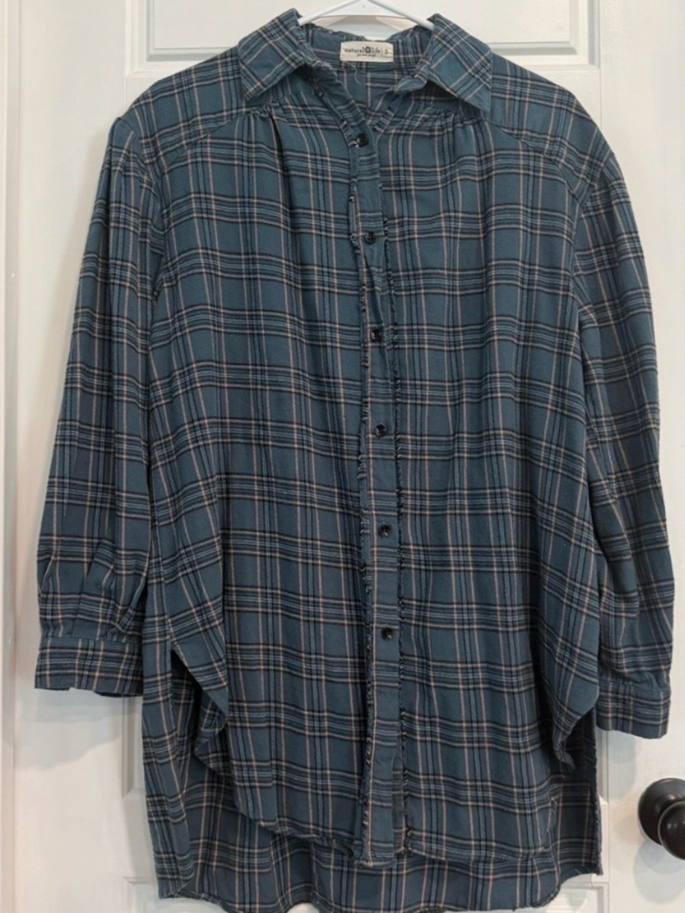 Natural Life Plaid Button Down Flannel Tunic Shirt Dress Blue Gray Small Boho